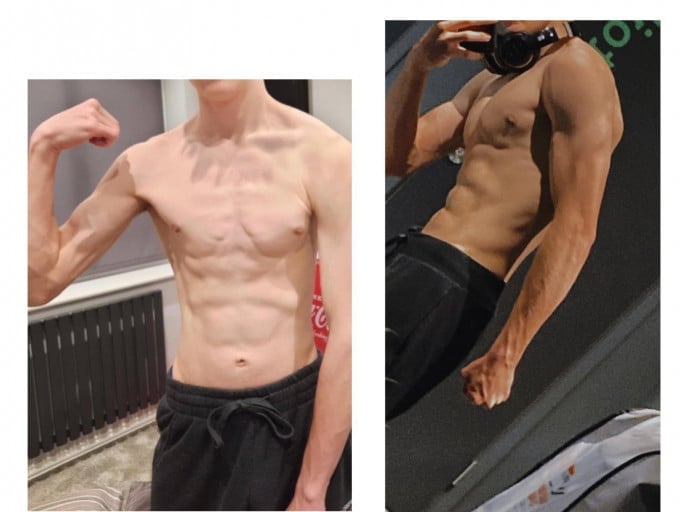 A progress pic of a 5'11" man showing a muscle gain from 110 pounds to 141 pounds. A respectable gain of 31 pounds.
