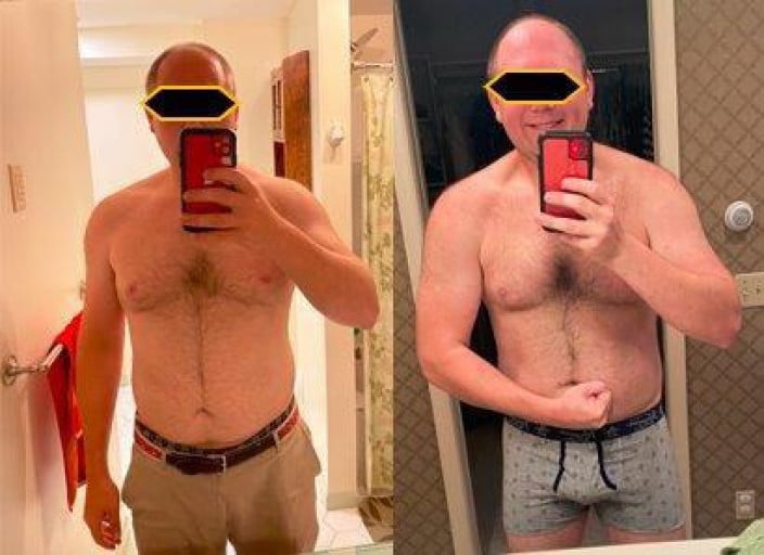 A progress pic of a 6'2" man showing a fat loss from 248 pounds to 218 pounds. A net loss of 30 pounds.