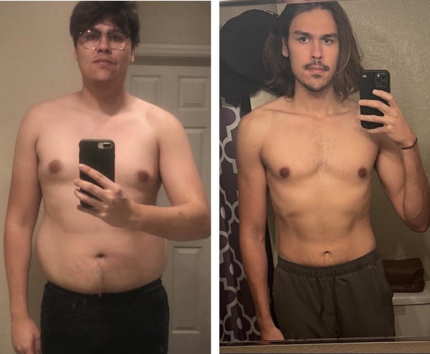 A progress pic of a 6'5" man showing a fat loss from 280 pounds to 190 pounds. A respectable loss of 90 pounds.
