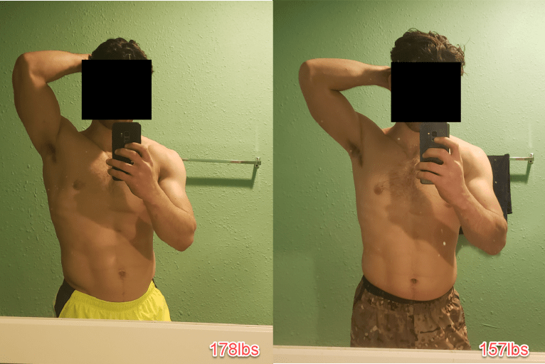 21 lbs Fat Loss Before and After 5 foot 9 Male 178 lbs to 157 lbs