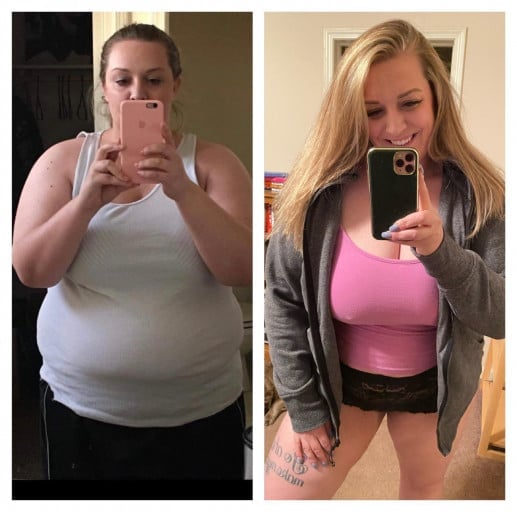 A photo of a 5'7" woman showing a weight cut from 310 pounds to 235 pounds. A total loss of 75 pounds.