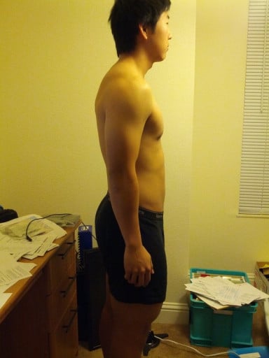 A before and after photo of a 5'8" male showing a snapshot of 164 pounds at a height of 5'8