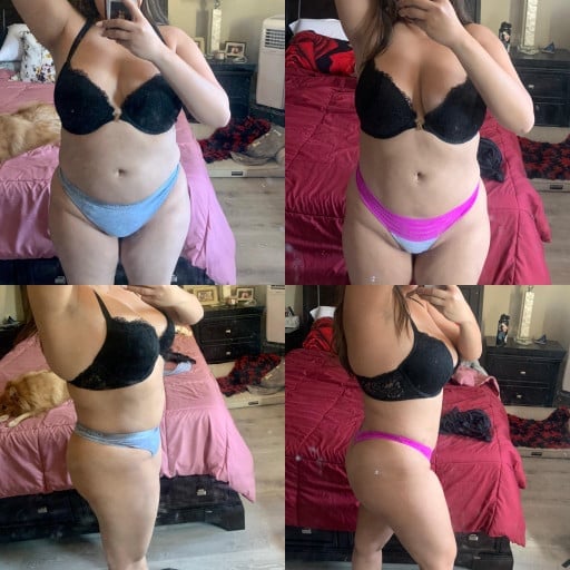 A before and after photo of a 5'2" female showing a weight reduction from 184 pounds to 160 pounds. A total loss of 24 pounds.