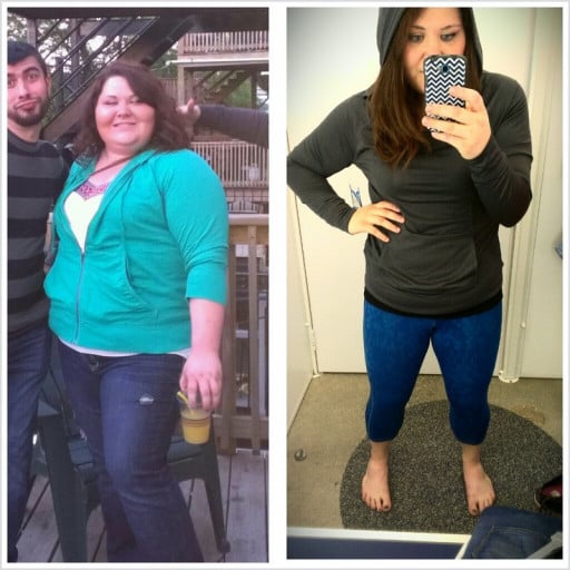 A progress pic of a 5'4" woman showing a weight cut from 294 pounds to 186 pounds. A net loss of 108 pounds.