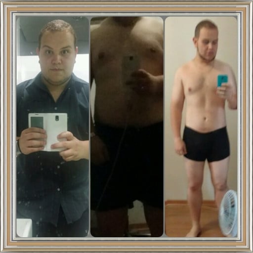 A picture of a 6'2" male showing a fat loss from 297 pounds to 250 pounds. A net loss of 47 pounds.