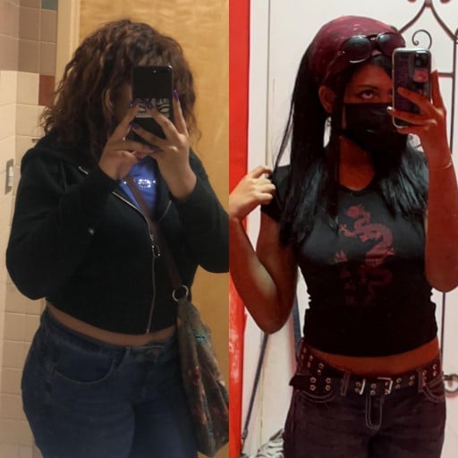 A progress pic of a 5'4" woman showing a fat loss from 180 pounds to 138 pounds. A respectable loss of 42 pounds.