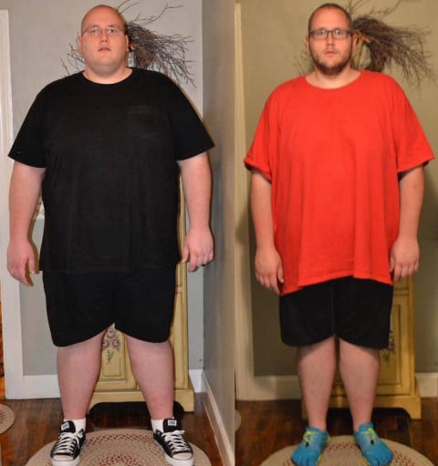 A picture of a 6'7" male showing a weight reduction from 525 pounds to 397 pounds. A total loss of 128 pounds.