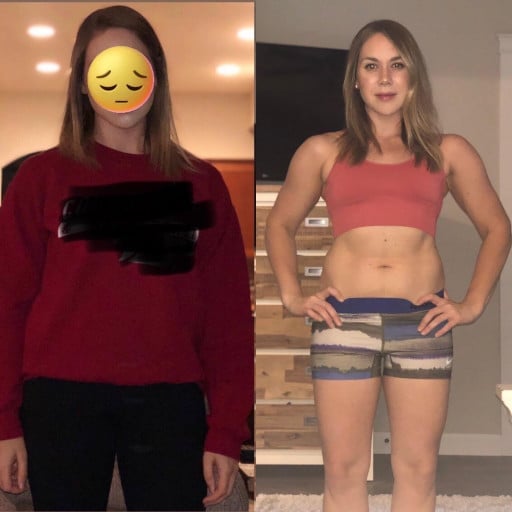 A photo of a 5'2" woman showing a weight cut from 131 pounds to 119 pounds. A total loss of 12 pounds.
