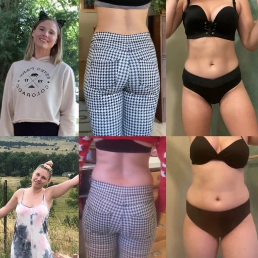 A progress pic of a 5'2" woman showing a fat loss from 140 pounds to 120 pounds. A net loss of 20 pounds.