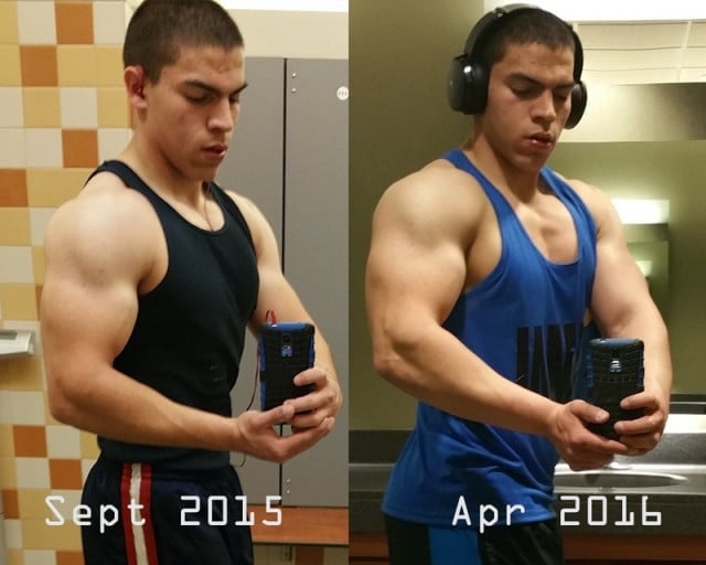 A before and after photo of a 5'9" male showing a muscle gain from 175 pounds to 200 pounds. A total gain of 25 pounds.