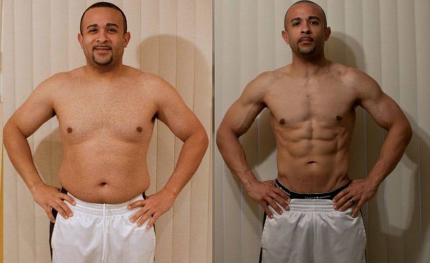 A progress pic of a 5'0" man showing a fat loss from 212 pounds to 159 pounds. A respectable loss of 53 pounds.