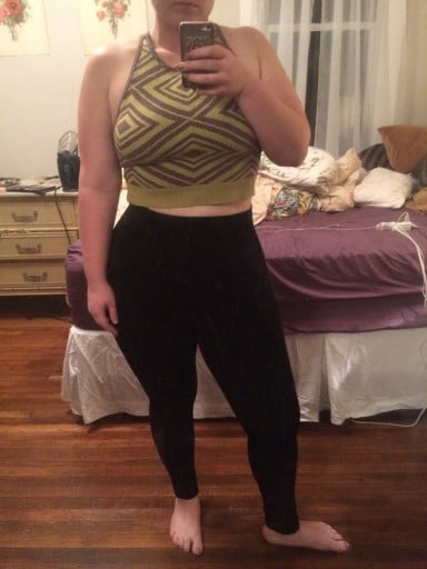 A progress pic of a 5'6" woman showing a weight loss from 242 pounds to 157 pounds. A total loss of 85 pounds.