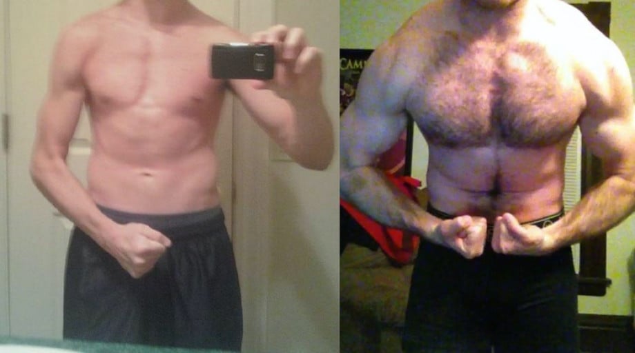 A progress pic of a 5'10" man showing a weight bulk from 130 pounds to 180 pounds. A respectable gain of 50 pounds.