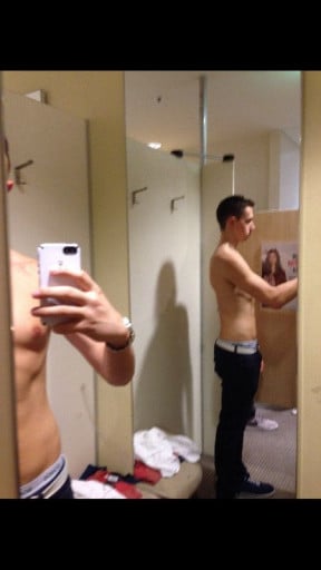 A before and after photo of a 6'0" male showing a fat loss from 201 pounds to 156 pounds. A net loss of 45 pounds.