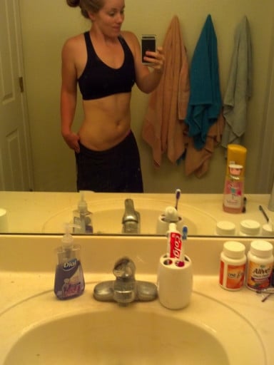 A photo of a 5'3" woman showing a weight reduction from 158 pounds to 132 pounds. A respectable loss of 26 pounds.