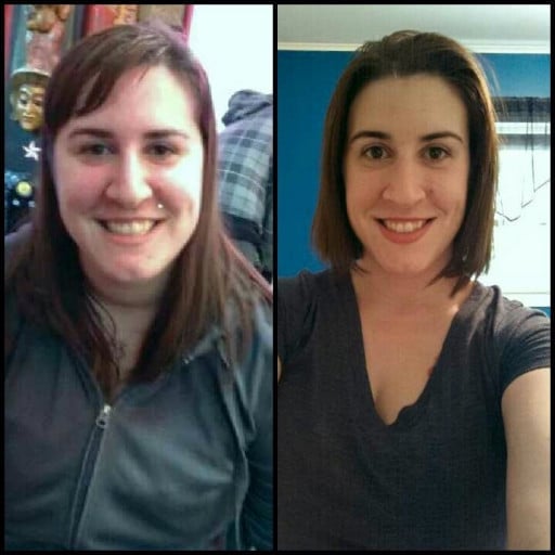 A progress pic of a 5'3" woman showing a fat loss from 220 pounds to 155 pounds. A total loss of 65 pounds.