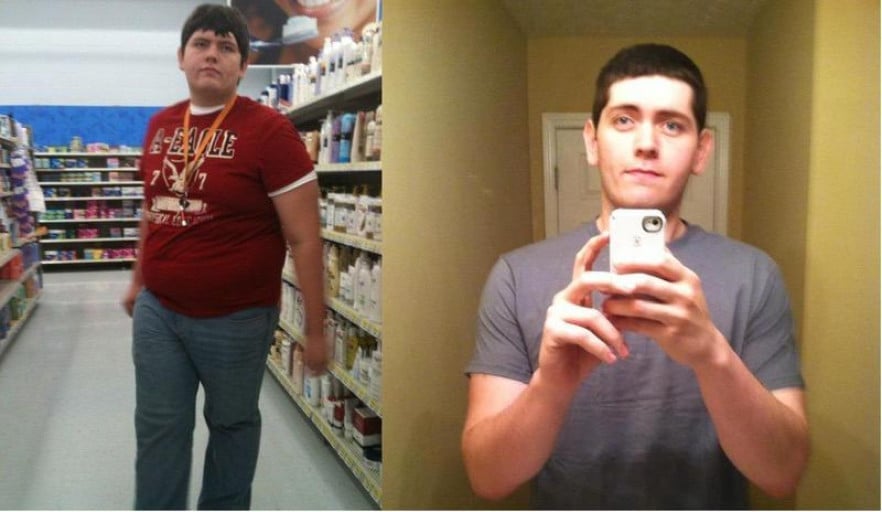 A before and after photo of a 6'4" male showing a weight reduction from 363 pounds to 245 pounds. A total loss of 118 pounds.