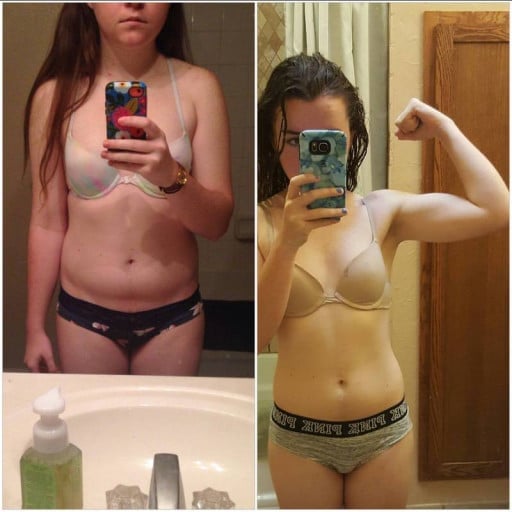 A before and after photo of a 5'1" female showing a weight reduction from 127 pounds to 110 pounds. A net loss of 17 pounds.