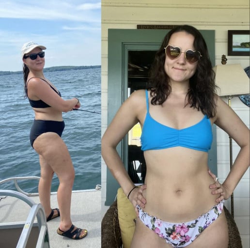 A progress pic of a 5'6" woman showing a fat loss from 185 pounds to 140 pounds. A total loss of 45 pounds.