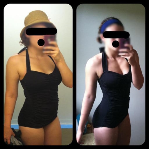 A photo of a 5'6" woman showing a weight cut from 168 pounds to 149 pounds. A net loss of 19 pounds.