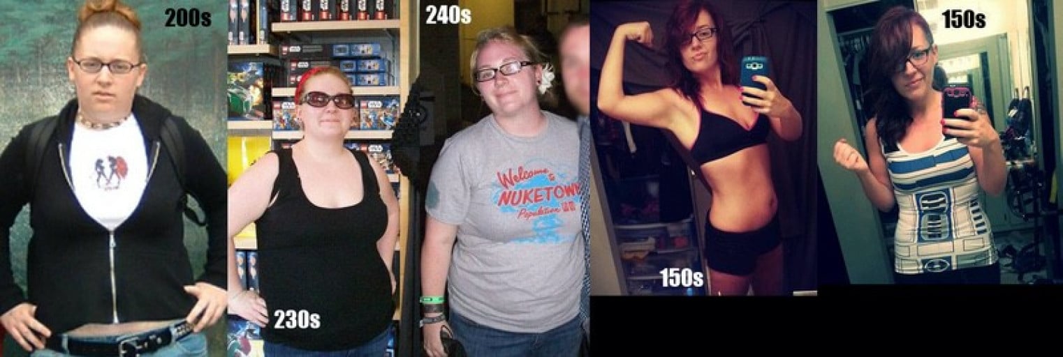 A progress pic of a 5'7" woman showing a fat loss from 248 pounds to 152 pounds. A net loss of 96 pounds.