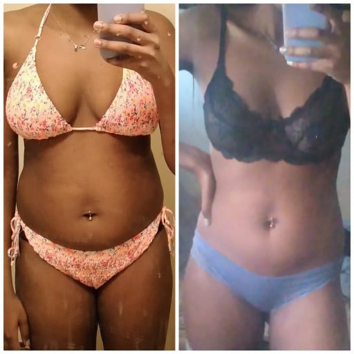 A before and after photo of a 5'9" female showing a weight reduction from 170 pounds to 156 pounds. A total loss of 14 pounds.