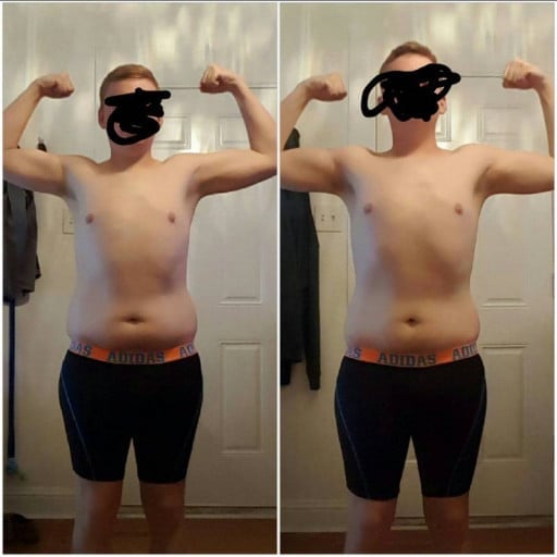 A progress pic of a 5'9" man showing a fat loss from 195 pounds to 175 pounds. A respectable loss of 20 pounds.