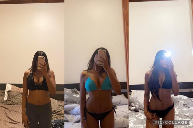 A before and after photo of a 5'2" female showing a weight reduction from 120 pounds to 115 pounds. A respectable loss of 5 pounds.