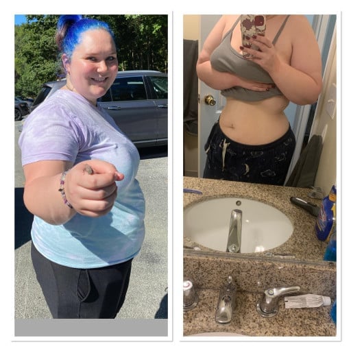 A before and after photo of a 5'3" female showing a weight reduction from 290 pounds to 207 pounds. A net loss of 83 pounds.