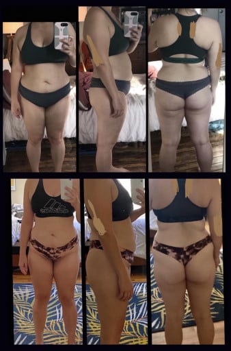 A before and after photo of a 5'4" female showing a weight reduction from 176 pounds to 155 pounds. A respectable loss of 21 pounds.
