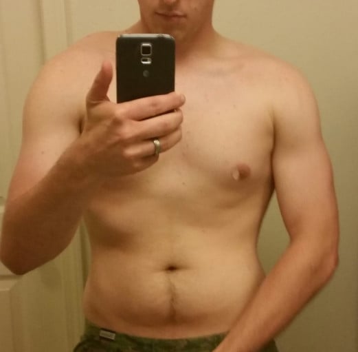 A progress pic of a 5'9" man showing a fat loss from 198 pounds to 153 pounds. A total loss of 45 pounds.