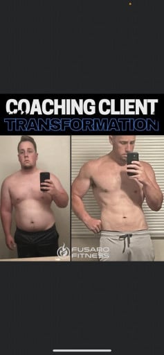 A before and after photo of a 5'9" male showing a weight reduction from 275 pounds to 175 pounds. A total loss of 100 pounds.