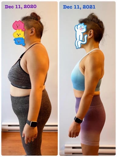 A progress pic of a 5'0" woman showing a fat loss from 215 pounds to 135 pounds. A respectable loss of 80 pounds.