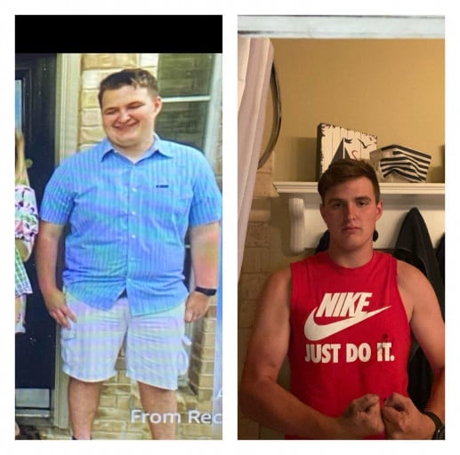 A progress pic of a 6'2" man showing a fat loss from 275 pounds to 175 pounds. A net loss of 100 pounds.