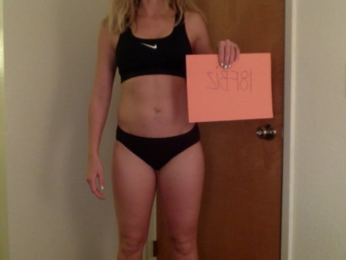 A before and after photo of a 5'6" female showing a snapshot of 142 pounds at a height of 5'6