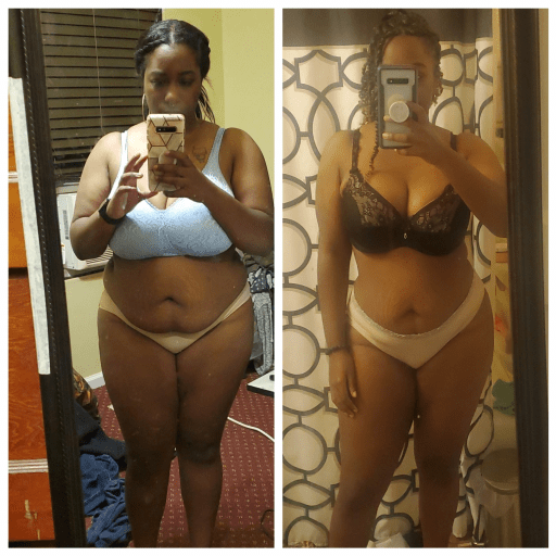 A before and after photo of a 5'0" female showing a weight reduction from 200 pounds to 160 pounds. A net loss of 40 pounds.