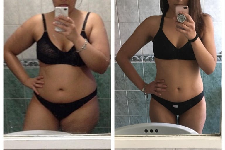 A before and after photo of a 5'7" female showing a weight reduction from 220 pounds to 152 pounds. A respectable loss of 68 pounds.