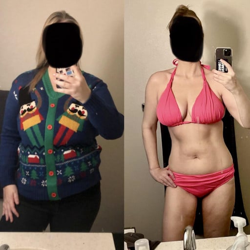 A before and after photo of a 5'7" female showing a weight reduction from 205 pounds to 148 pounds. A respectable loss of 57 pounds.