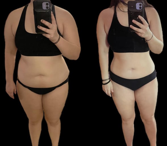 A photo of a 5'0" woman showing a weight cut from 150 pounds to 125 pounds. A total loss of 25 pounds.