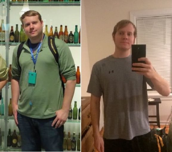 A before and after photo of a 6'0" male showing a weight reduction from 235 pounds to 180 pounds. A total loss of 55 pounds.