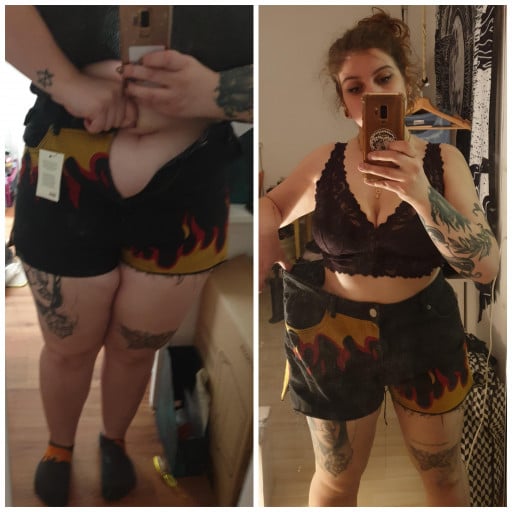 A before and after photo of a 5'5" female showing a weight reduction from 265 pounds to 175 pounds. A respectable loss of 90 pounds.