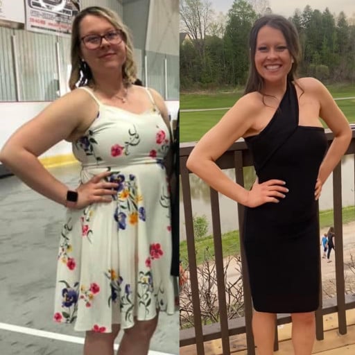 A progress pic of a 5'2" woman showing a fat loss from 165 pounds to 122 pounds. A total loss of 43 pounds.