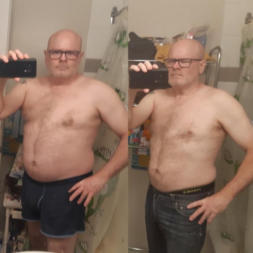 A before and after photo of a 5'10" male showing a weight reduction from 220 pounds to 190 pounds. A net loss of 30 pounds.