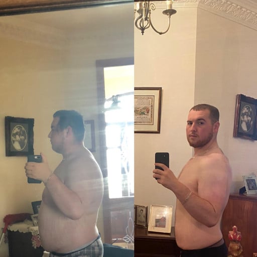 A progress pic of a 5'11" man showing a fat loss from 319 pounds to 210 pounds. A respectable loss of 109 pounds.