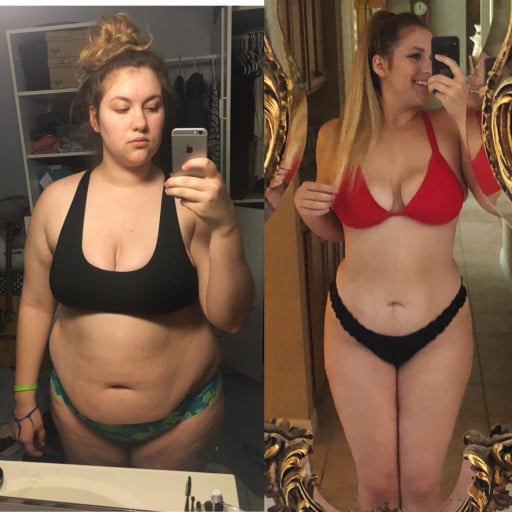 A photo of a 5'10" woman showing a weight cut from 291 pounds to 191 pounds. A respectable loss of 100 pounds.