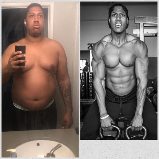 A photo of a 6'4" man showing a weight cut from 315 pounds to 222 pounds. A total loss of 93 pounds.