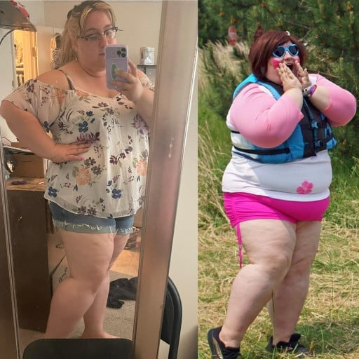 A before and after photo of a 5'8" female showing a weight reduction from 400 pounds to 19 pounds. A respectable loss of 381 pounds.