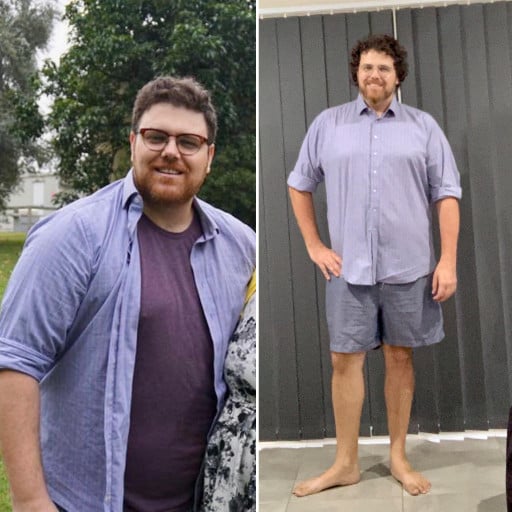 A before and after photo of a 6'1" male showing a weight reduction from 328 pounds to 271 pounds. A net loss of 57 pounds.