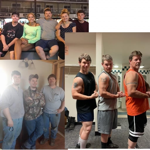 A progress pic of a 5'5" man showing a fat loss from 300 pounds to 165 pounds. A net loss of 135 pounds.