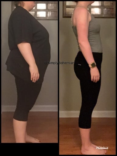 A before and after photo of a 5'3" female showing a weight reduction from 230 pounds to 129 pounds. A respectable loss of 101 pounds.